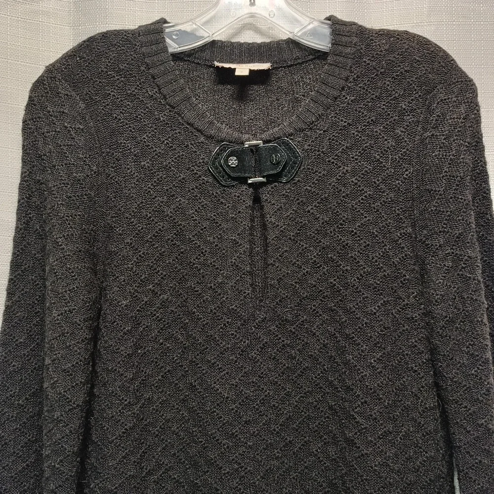 Tory Burch Black Wool Alpaca Blend Leather Buckle Keyhole Long Sweater Women's S